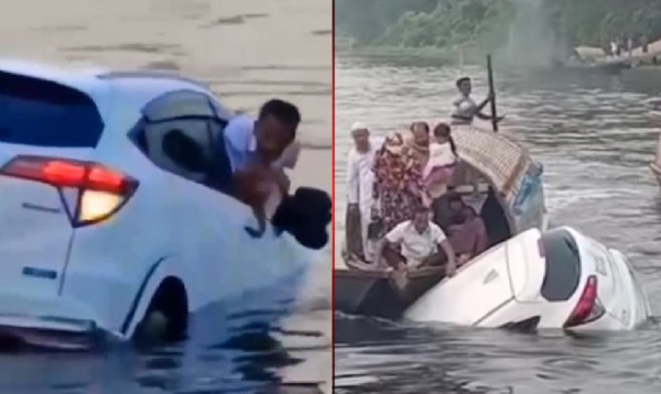 নারায়ণগঞ্জে ফেরিতে ওঠার সময় নিয়ন্ত্রণ হারিয়ে নদীতে প্রাইভেটকার